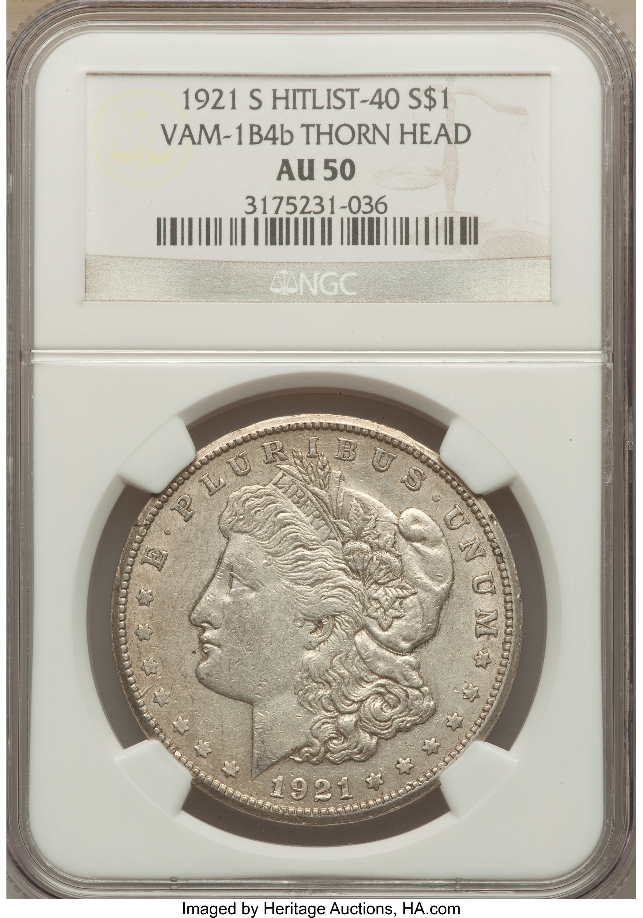image for: 1921-S $1 Thorn Head, VAM-1B4b, AU50 NGC. Hitlist-40. NGC Census: (0/0). PCGS Population (0/0)....
