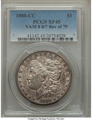 image for: 1880-CC $1 8/7, Reverse of 79, VAM-8 XF45 PCGS. PCGS Population (2/12). NGC Census: (0/0)....