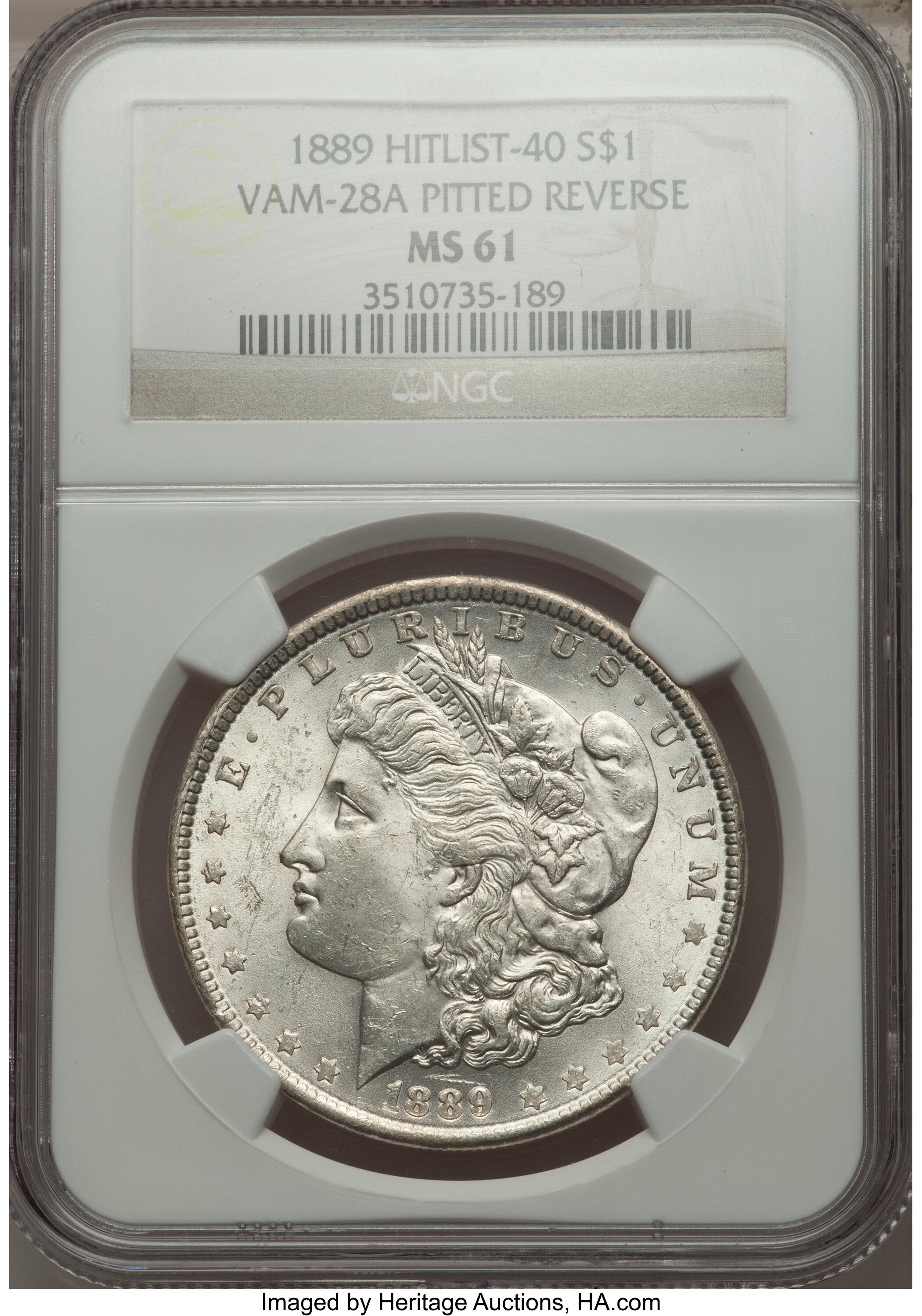 image for: 1889 $1 VAM-28A, Pitted Reverse MS61 NGC.  Hitslist-40. NGC Census: (0/0). PCGS Population (3/25).  ...