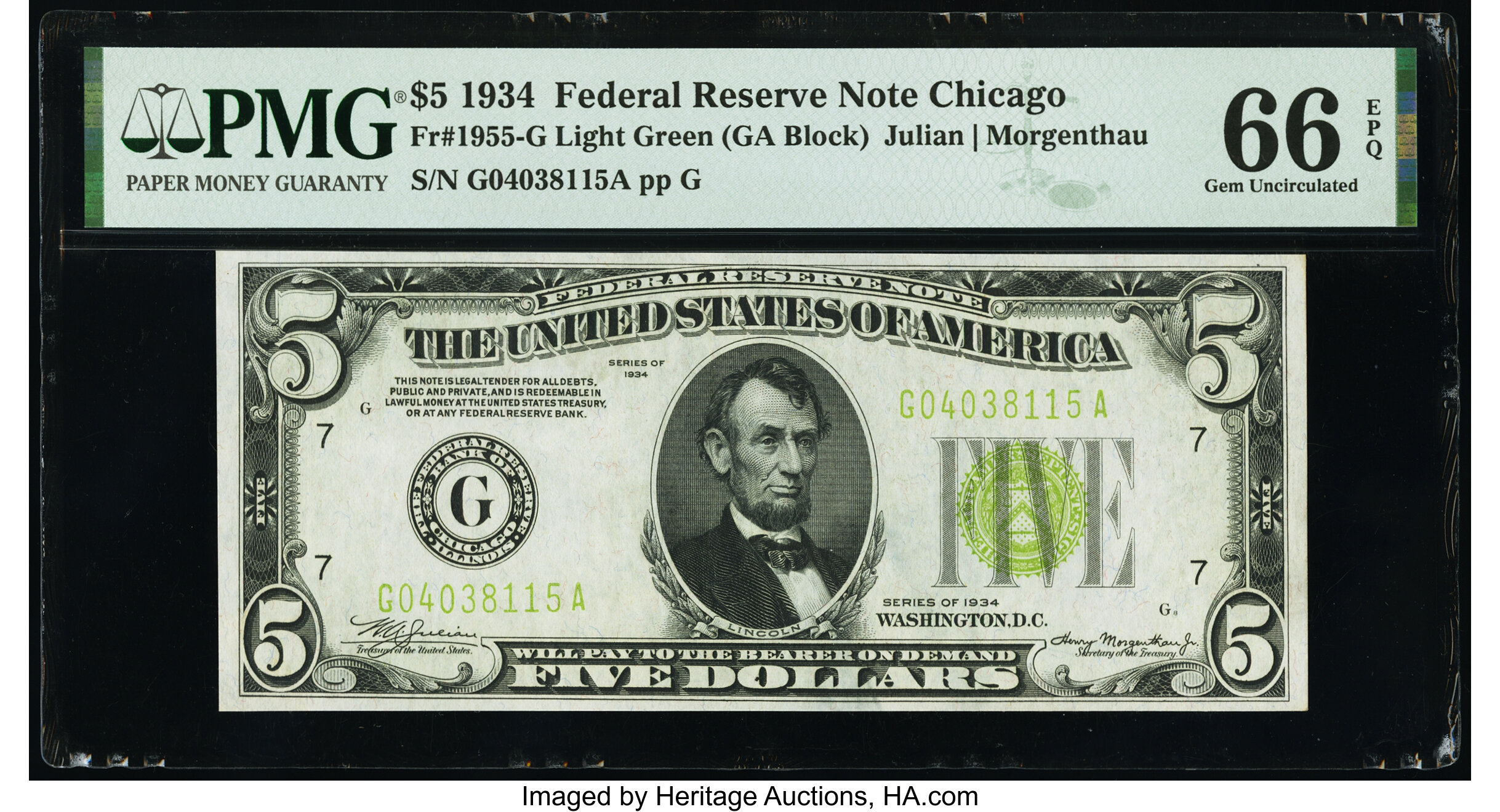 image for: Fr. 1955-G $5 1934 Federal Reserve Note. PMG Gem Uncirculated 66 EPQ....