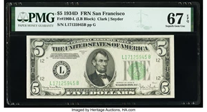image for: Fr. 1960-L $5 1934D Federal Reserve Note. PMG Superb Gem Unc 67 EPQ....
