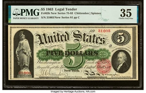 image for: Fr. 63b $5 1863 Legal Tender PMG Choice Very Fine 35....