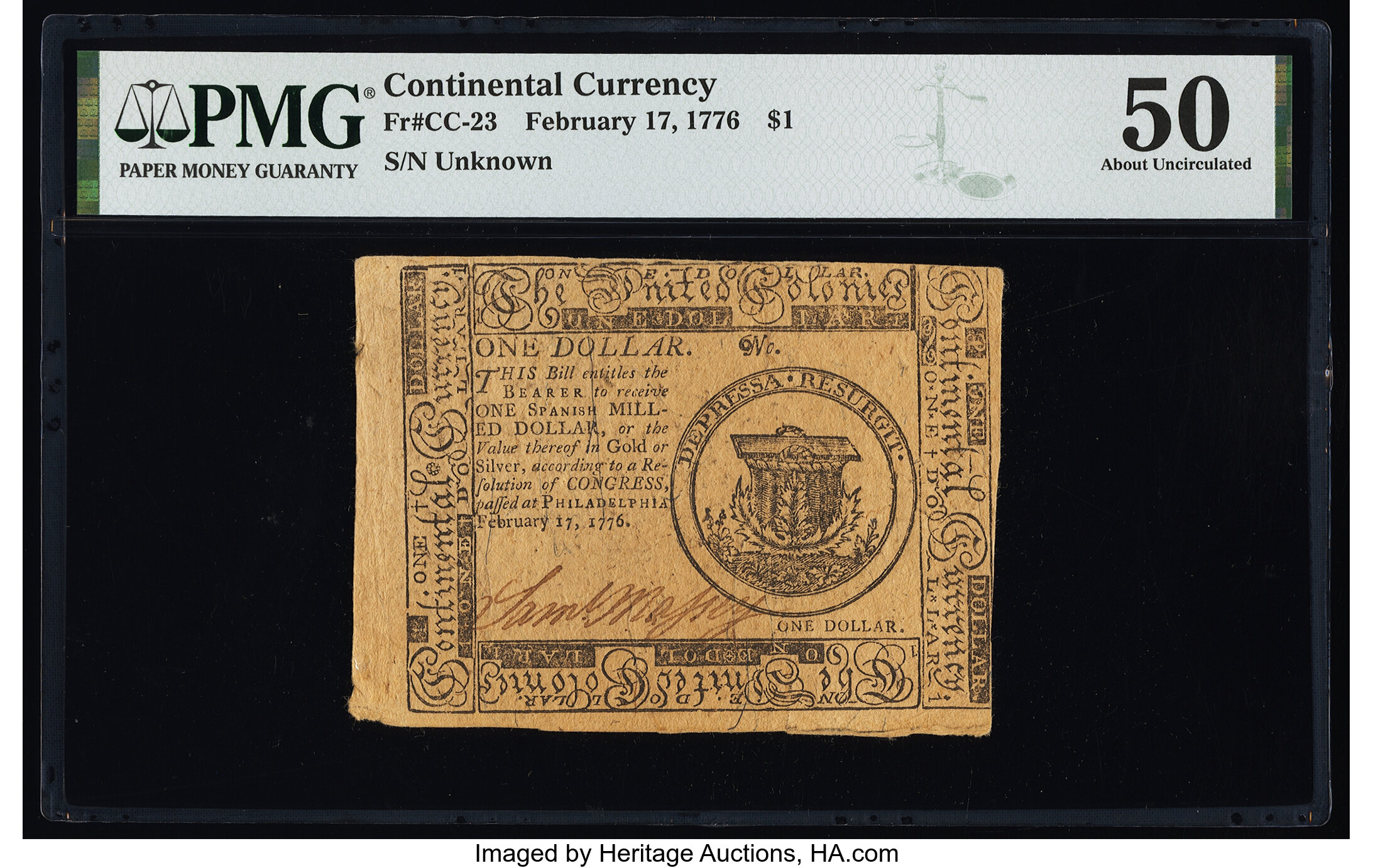 image for: Continental Currency February 17, 1776 $1 PMG About Uncirculated 50....