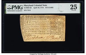 image for: Maryland April 10, 1774 $1/3 PMG Very Fine 25....