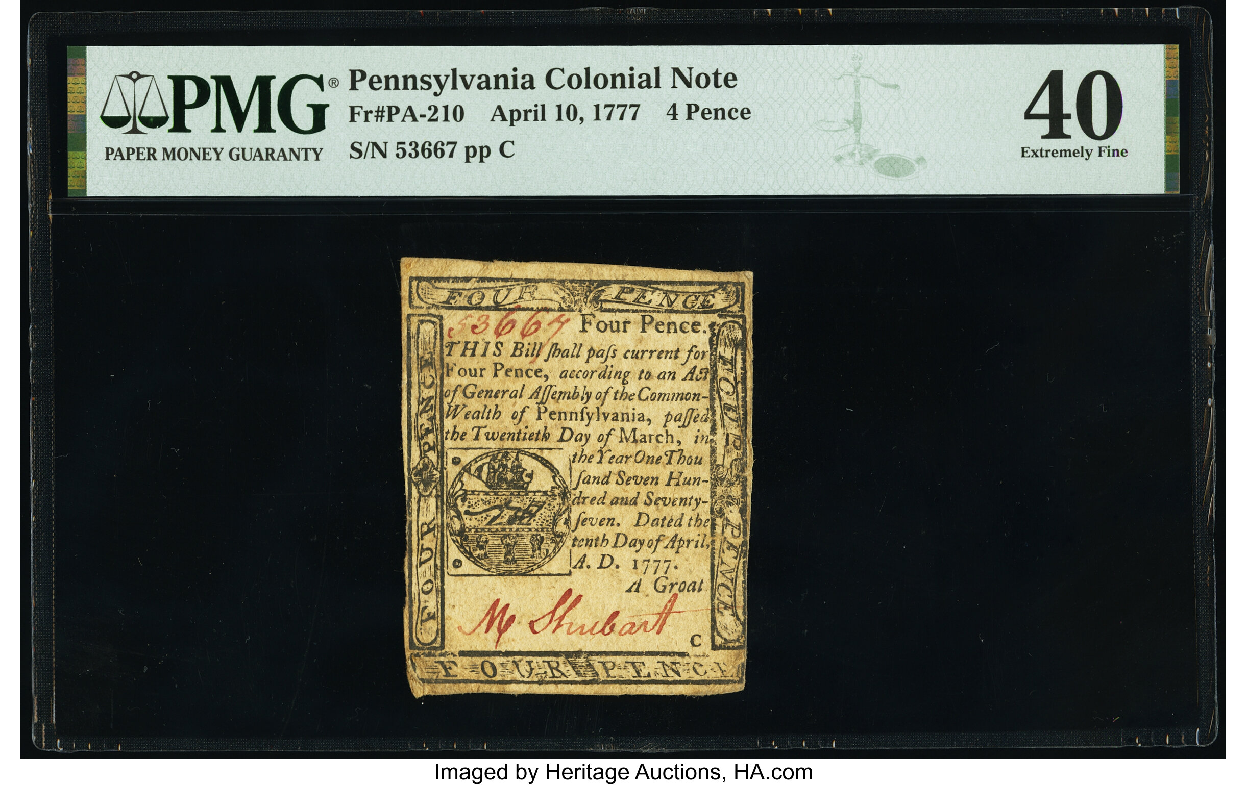image for: Pennsylvania April 10, 1777 4d PMG Extremely Fine 40....