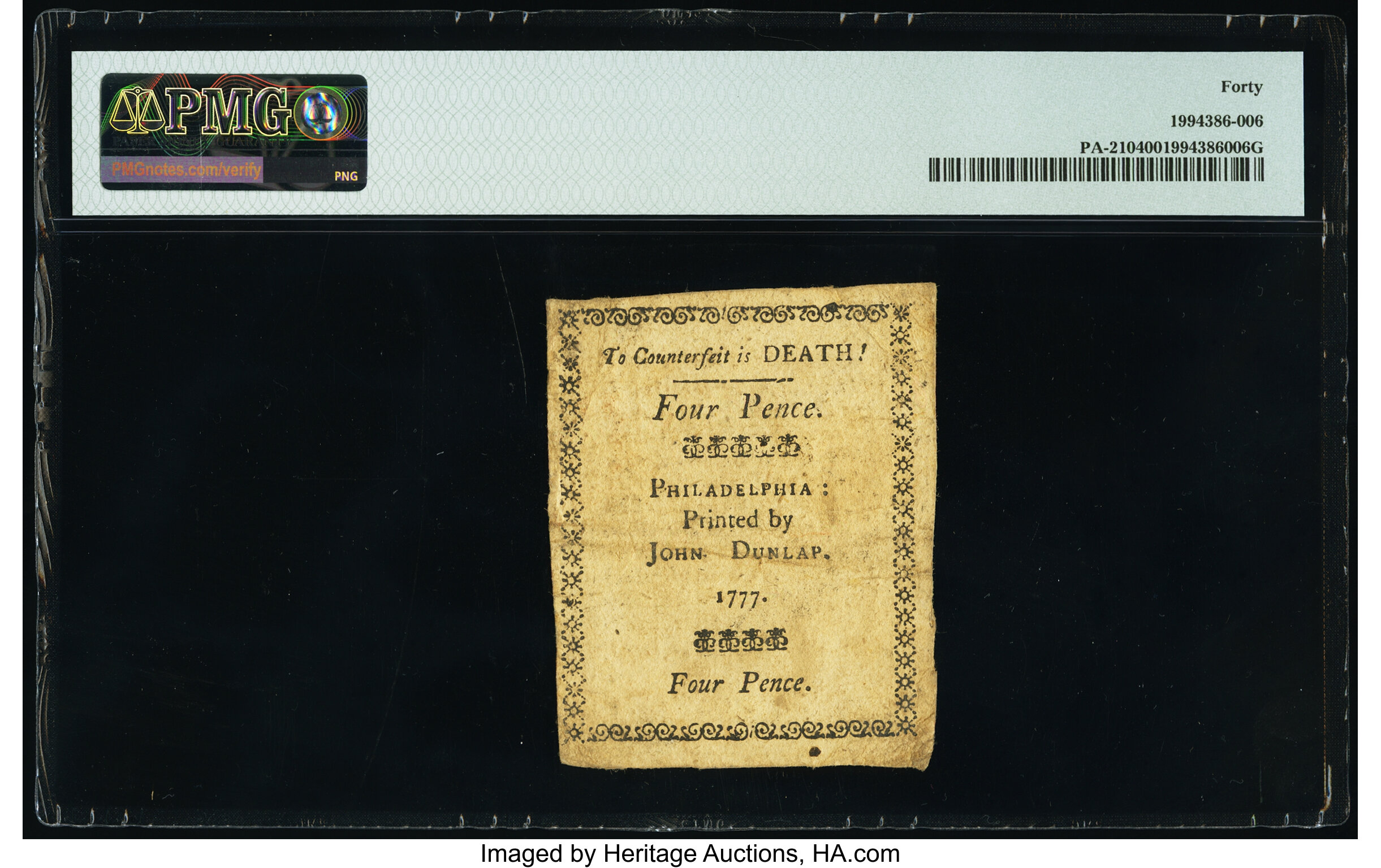 image for: Pennsylvania April 10, 1777 4d PMG Extremely Fine 40....