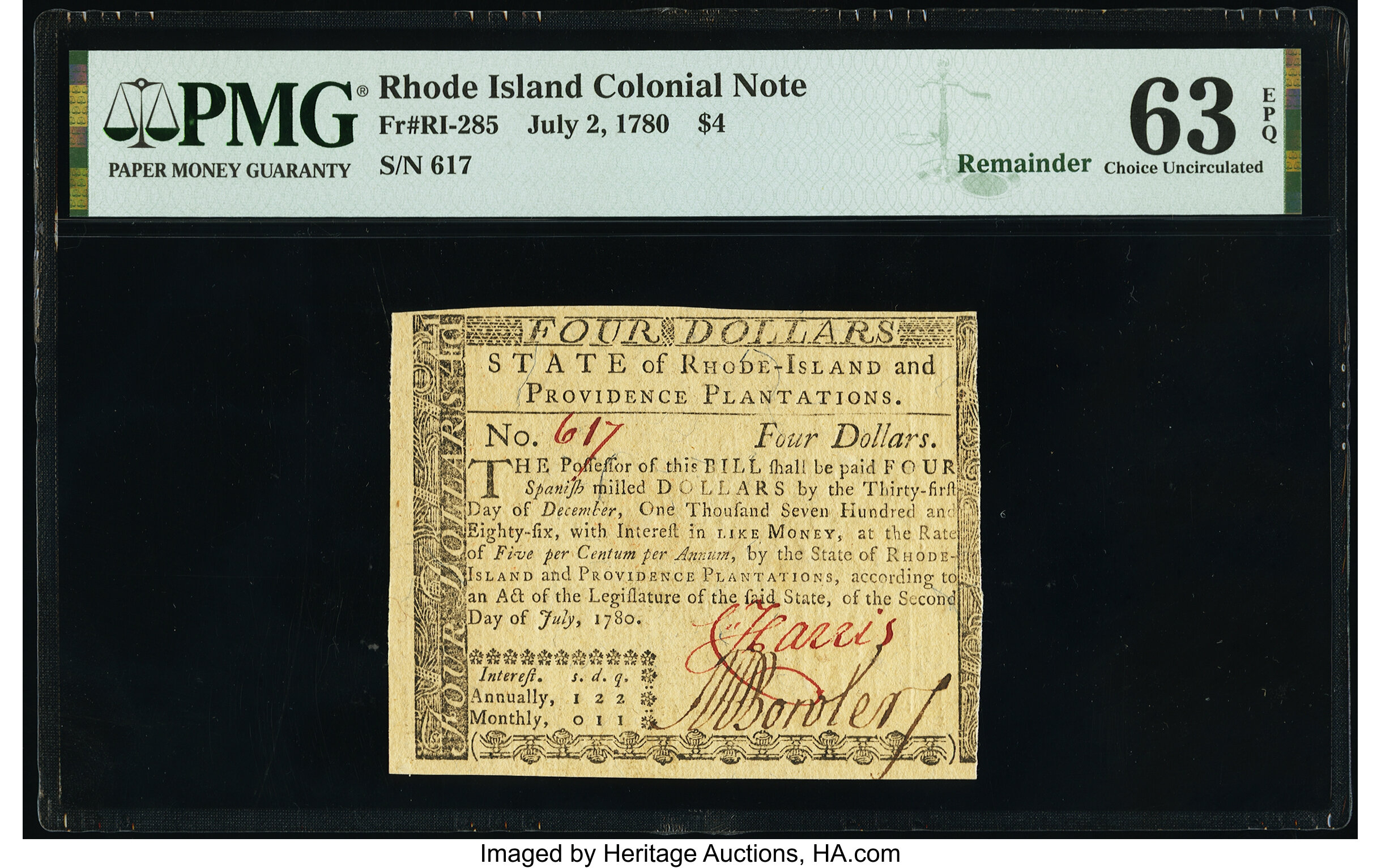 image for: Rhode Island July 2, 1780 $4 Remainder PMG Choice Uncirculated 63 EPQ....
