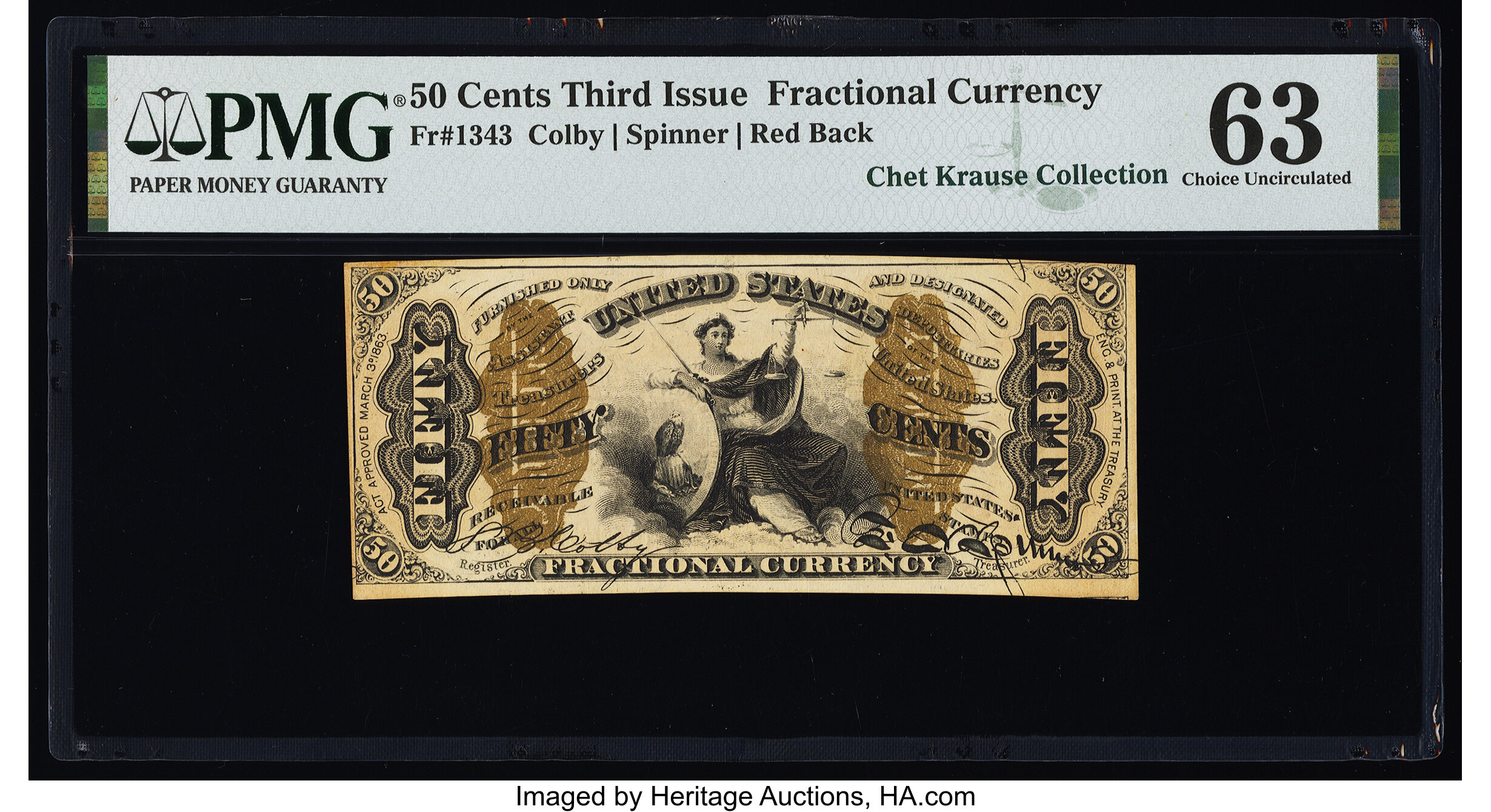 image for: Fr. 1343 50¢ Third Issue Justice PMG Choice Uncirculated 63....