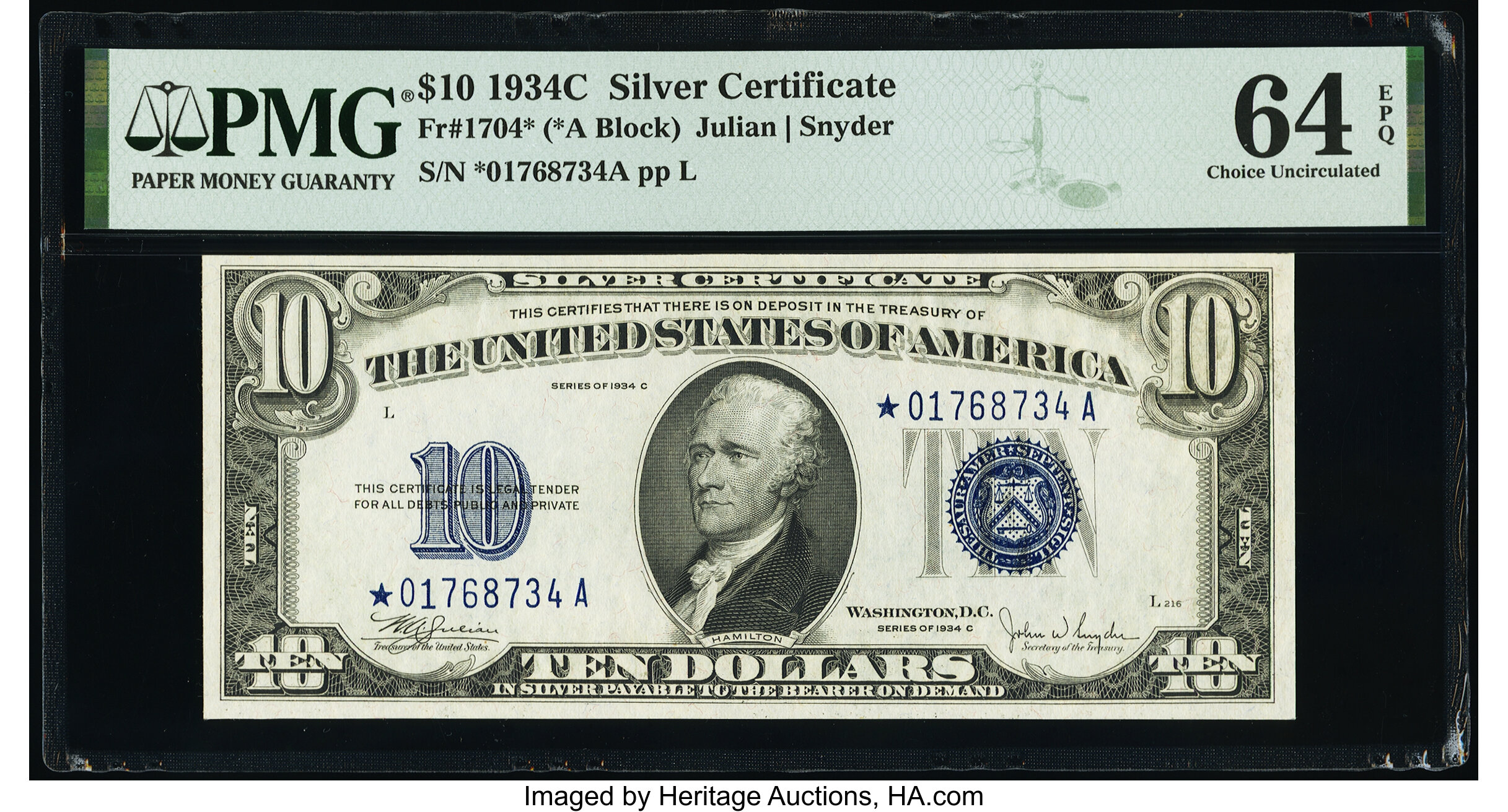 image for: Fr. 1704* $10 1934C Silver Certificate Star. PMG Choice Uncirculated 64 EPQ....