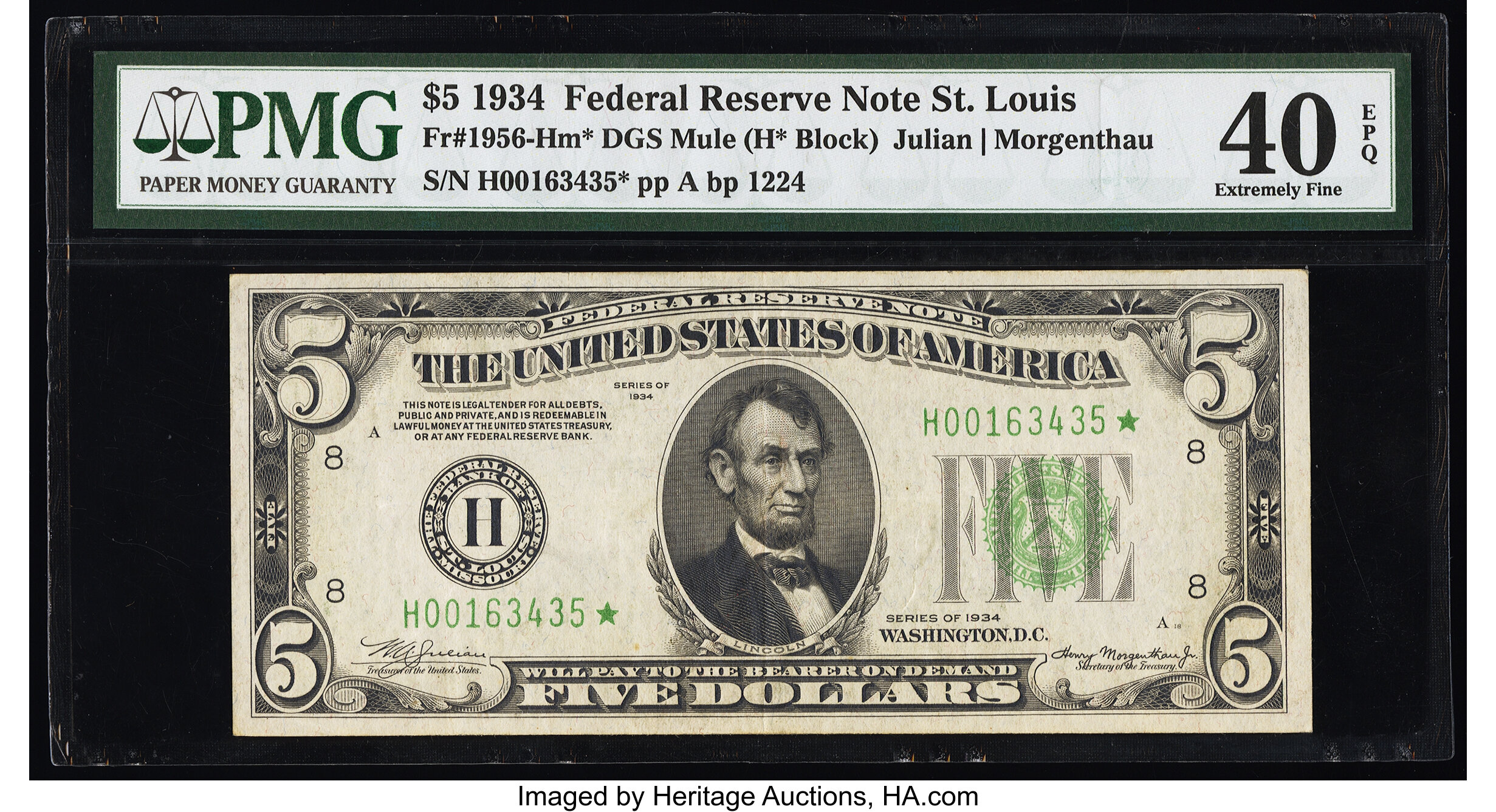 image for: Fr. 1956-H* $5 1934 Mule Federal Reserve Star Note. PMG Extremely Fine 40 EPQ....