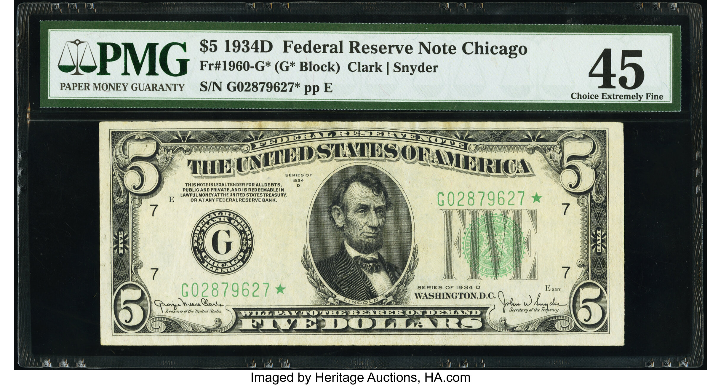 image for: Fr. 1960-G* $5 1934D Federal Reserve Star Note. PMG Choice Extremely Fine 45....