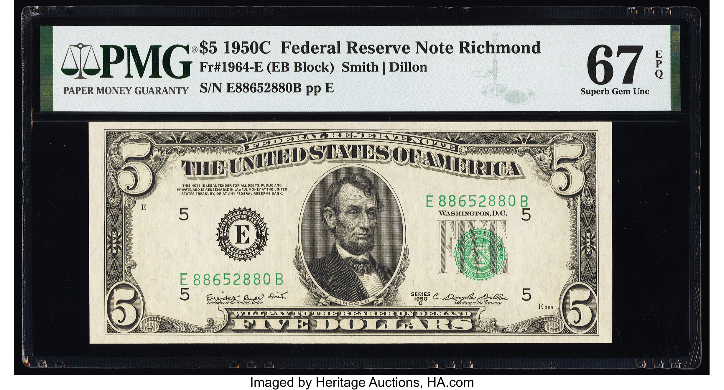 image for: Fr. 1964-E $5 1950C Federal Reserve Note. PMG Superb Gem Unc 67 EPQ....