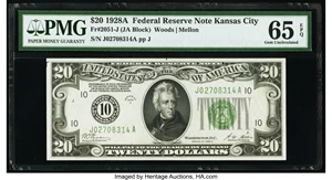 image for: Fr. 2051-J $20 1928A Federal Reserve Note. PMG Gem Uncirculated 65 EPQ....
