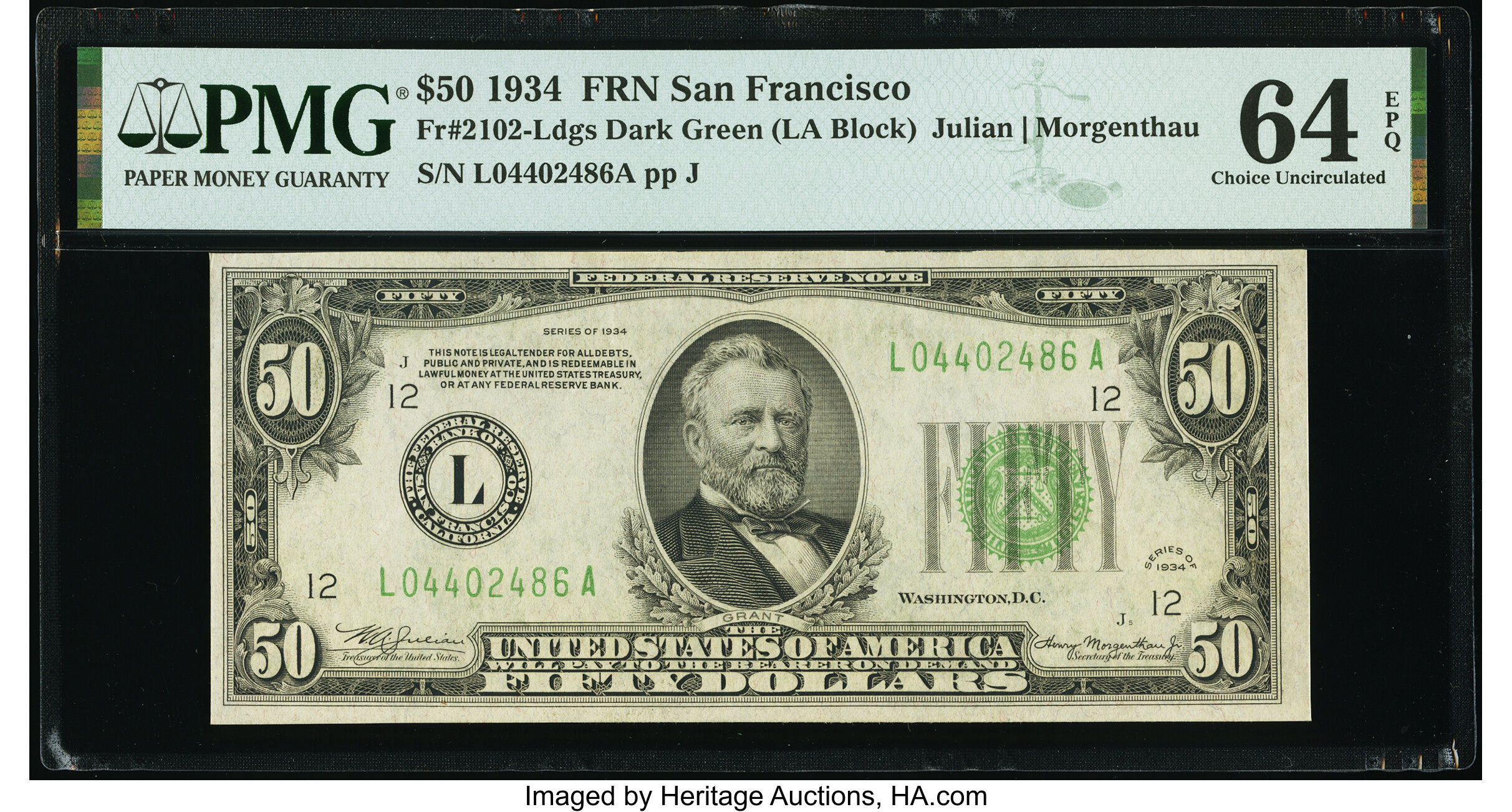 image for: Fr. 2102-L $50 1934 Federal Reserve Note. PMG Choice Uncirculated 64 EPQ....