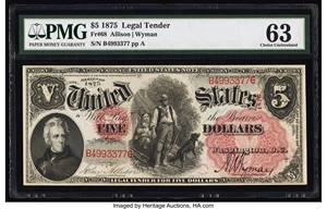 image for: Fr. 68 $5 1875 Legal Tender PMG Choice Uncirculated 63....