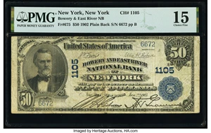 image for: New York, NY - $50 1902 Plain Back Fr. 675 Bowery & East River National Bank Ch. # 1105 PMG Choice Fine 15....