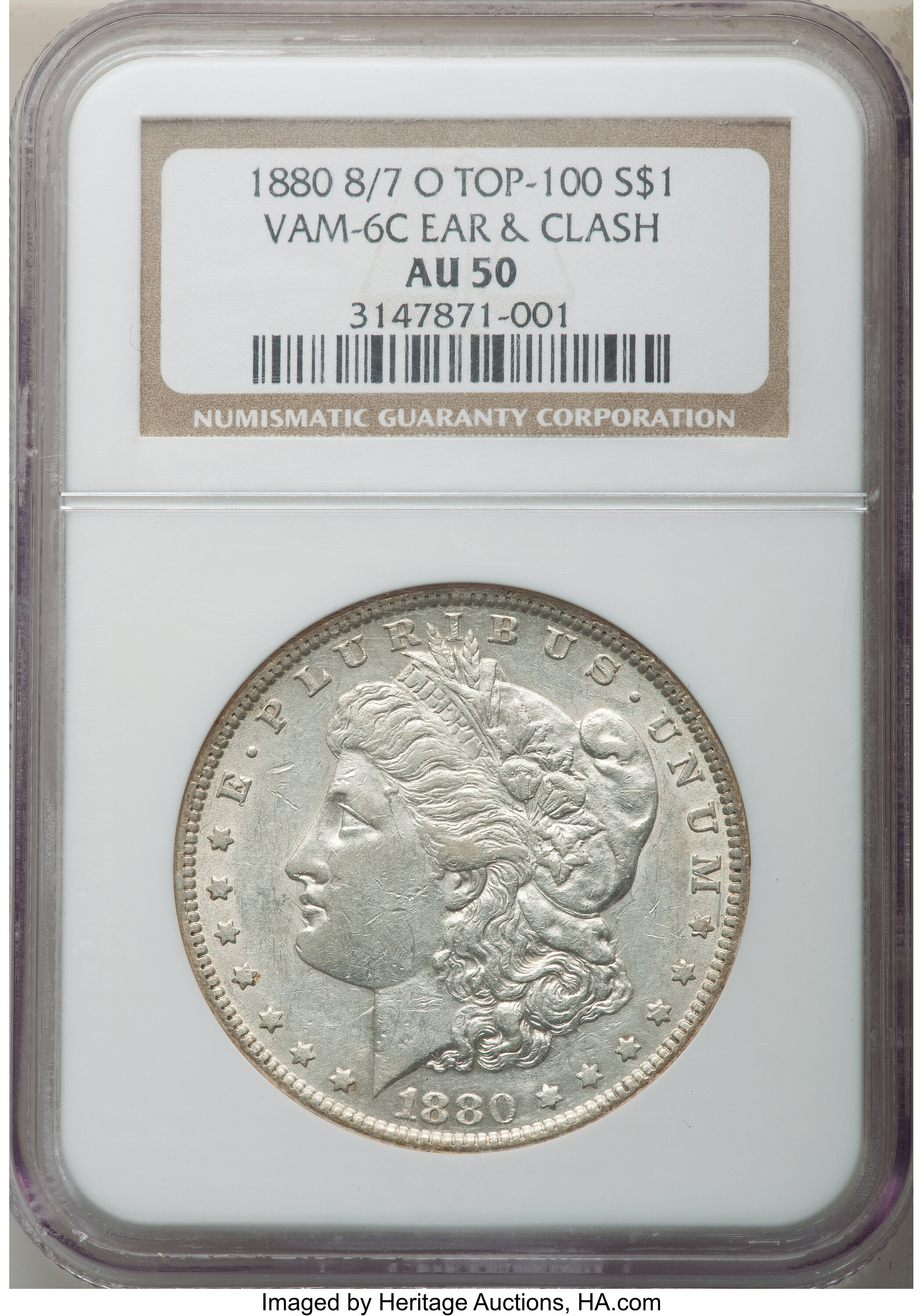 image for: 1880-O $1 8 Over Low 7, Ear & Clash, VAM-6C, AU50 NGC. A Top 100 Variety. NGC Census: (0/0). PCGS Population: (0/31). AU50....