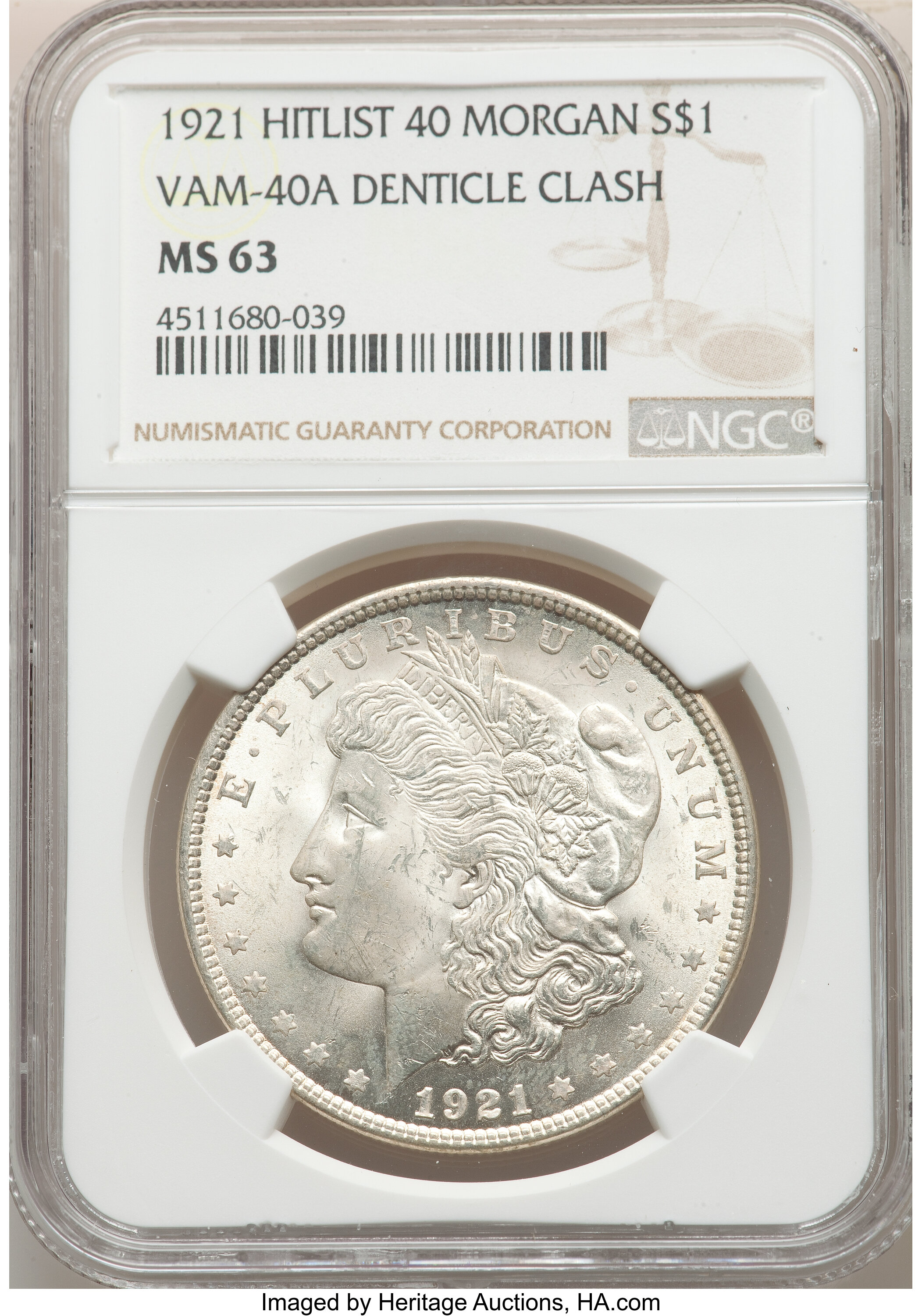 image for: 1921 $1 Denticle Clash, VAM-40A MS63 NGC. A Hitlist 40 Variety. NGC Census: (0/0). PCGS Population: (13/9). MS63....