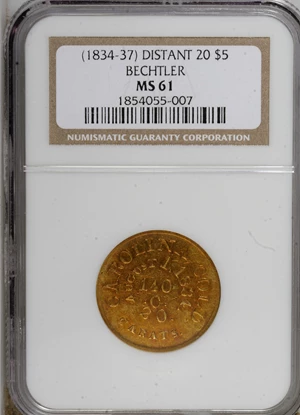 image for: (1834-37) $5 C. Bechtler Five Dollar, 20 Distant MS61 NGC. NGC Census: (1/0). PCGS Population (0/0). (#10115)...