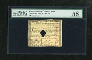 image for: Massachusetts May 5, 1780 $5 PMG Choice About Unc 58.