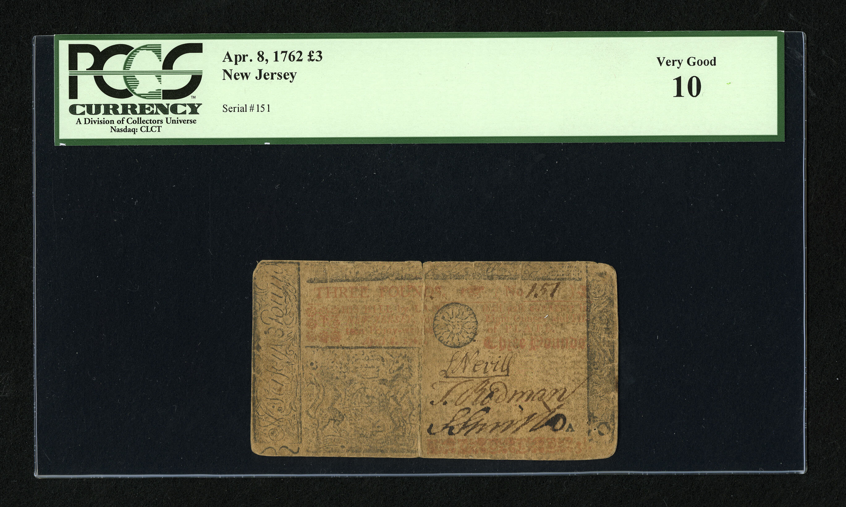image for: New Jersey April 8, 1762 £3 PCGS Very Good 10....