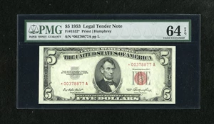image for: Fr. 1532* $5 1953 Legal Tender Star Note. PMG Choice Uncirculated 64 EPQ....