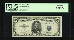 image for: Fr. 1656* $5 1953A Silver Certificate Star. PCGS Choice New 63PPQ....