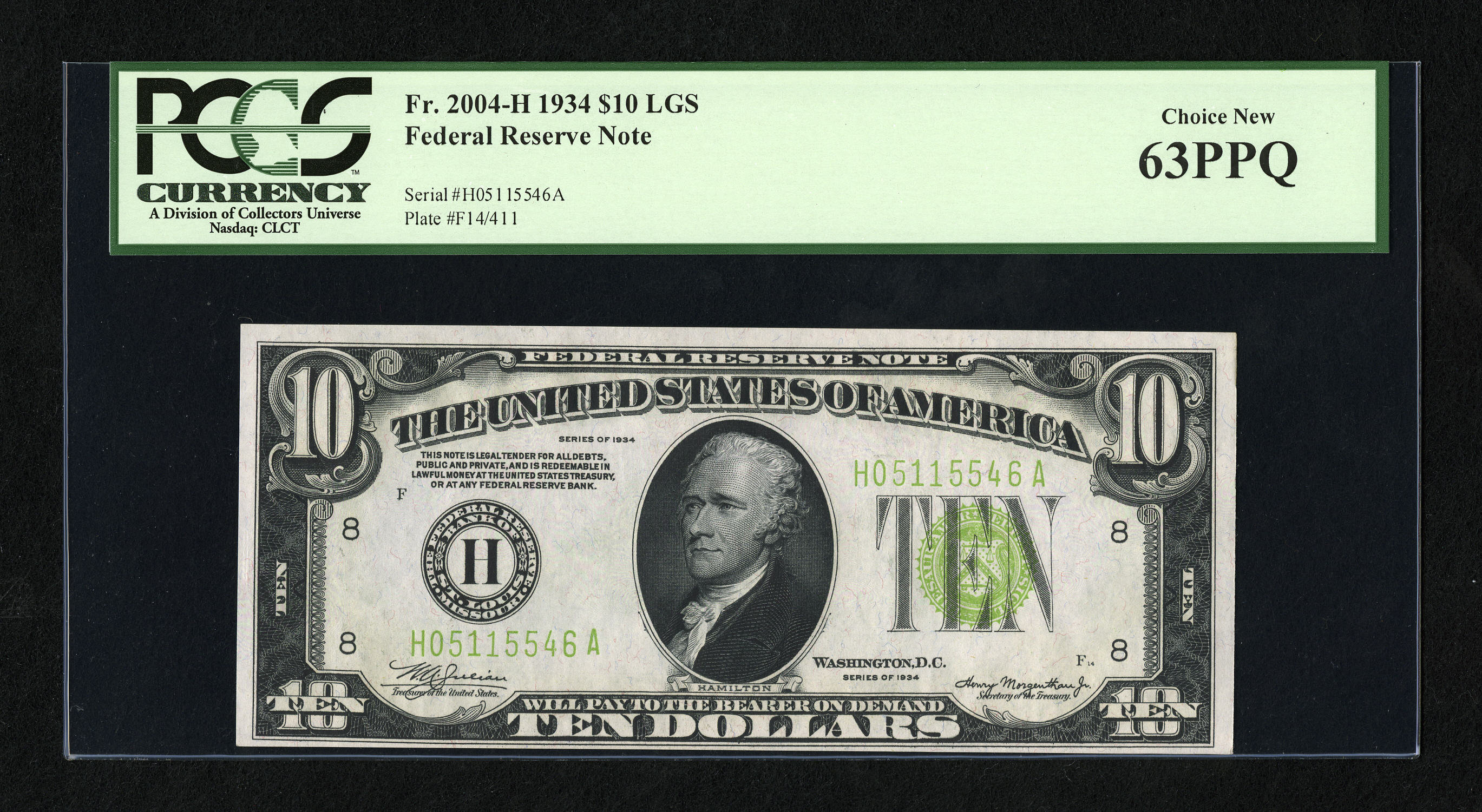 image for: Fr. 2004-H $10 1934 Light Green Seal Federal Reserve Note. PCGS Choice New 63PPQ.