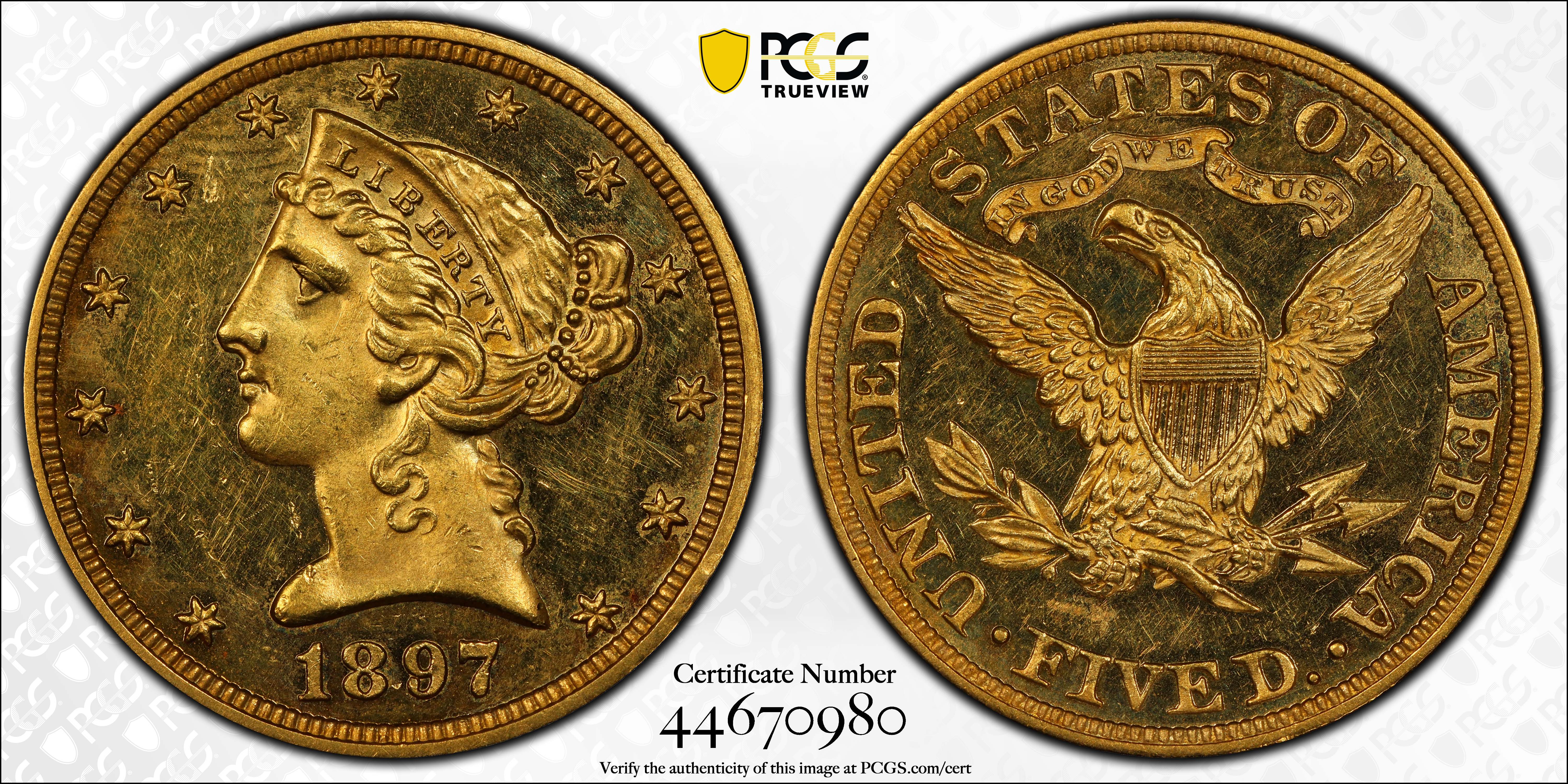 image for: 1897 Liberty Head Half Eagle. JD-1, the only known dies. Rarity-5. Proof-62 Cameo (PCGS).