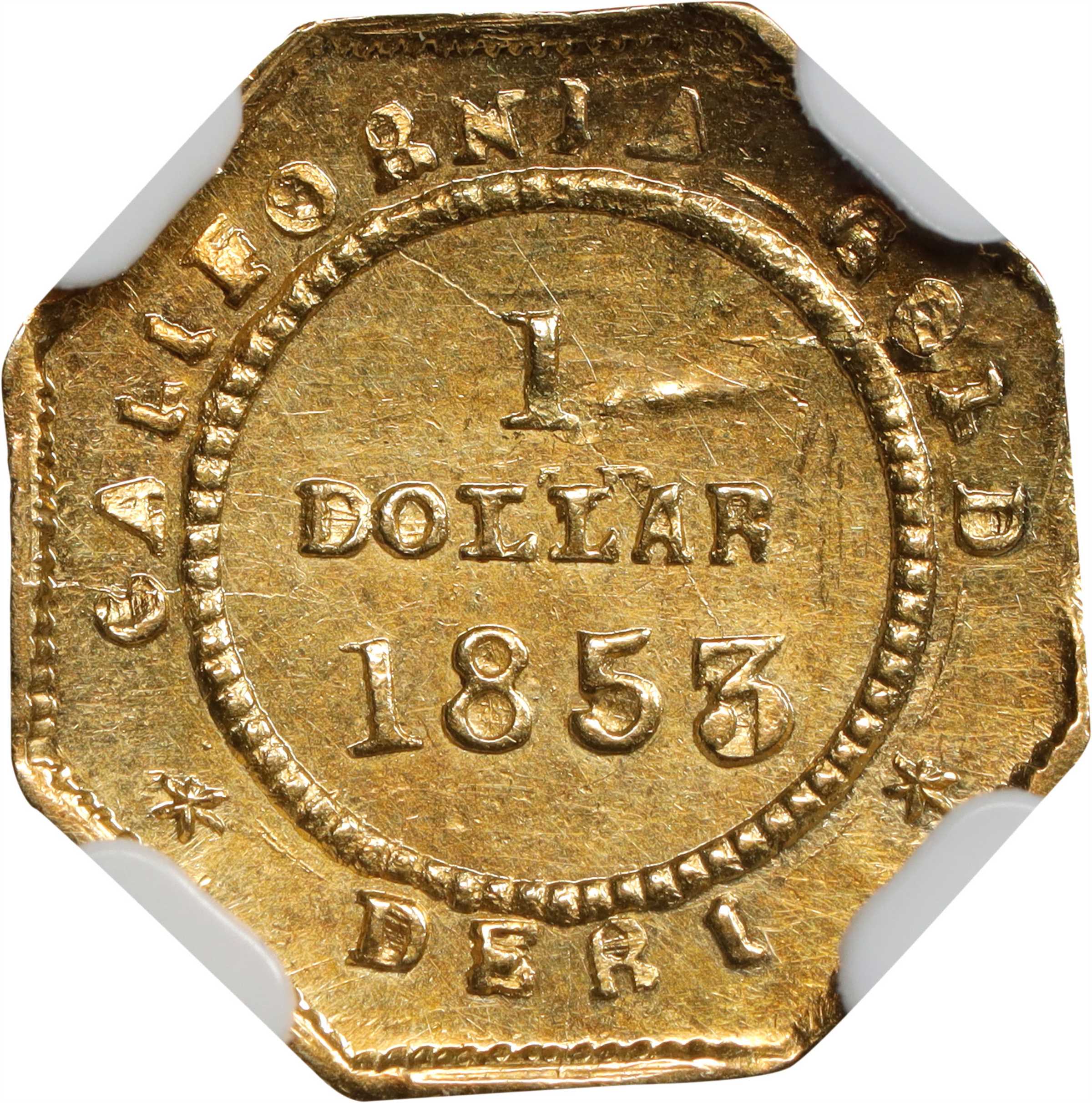 image for: 1853-DERI Octagonal $1. BG-518. Rarity-5. Liberty Head. MS-62 (NGC).