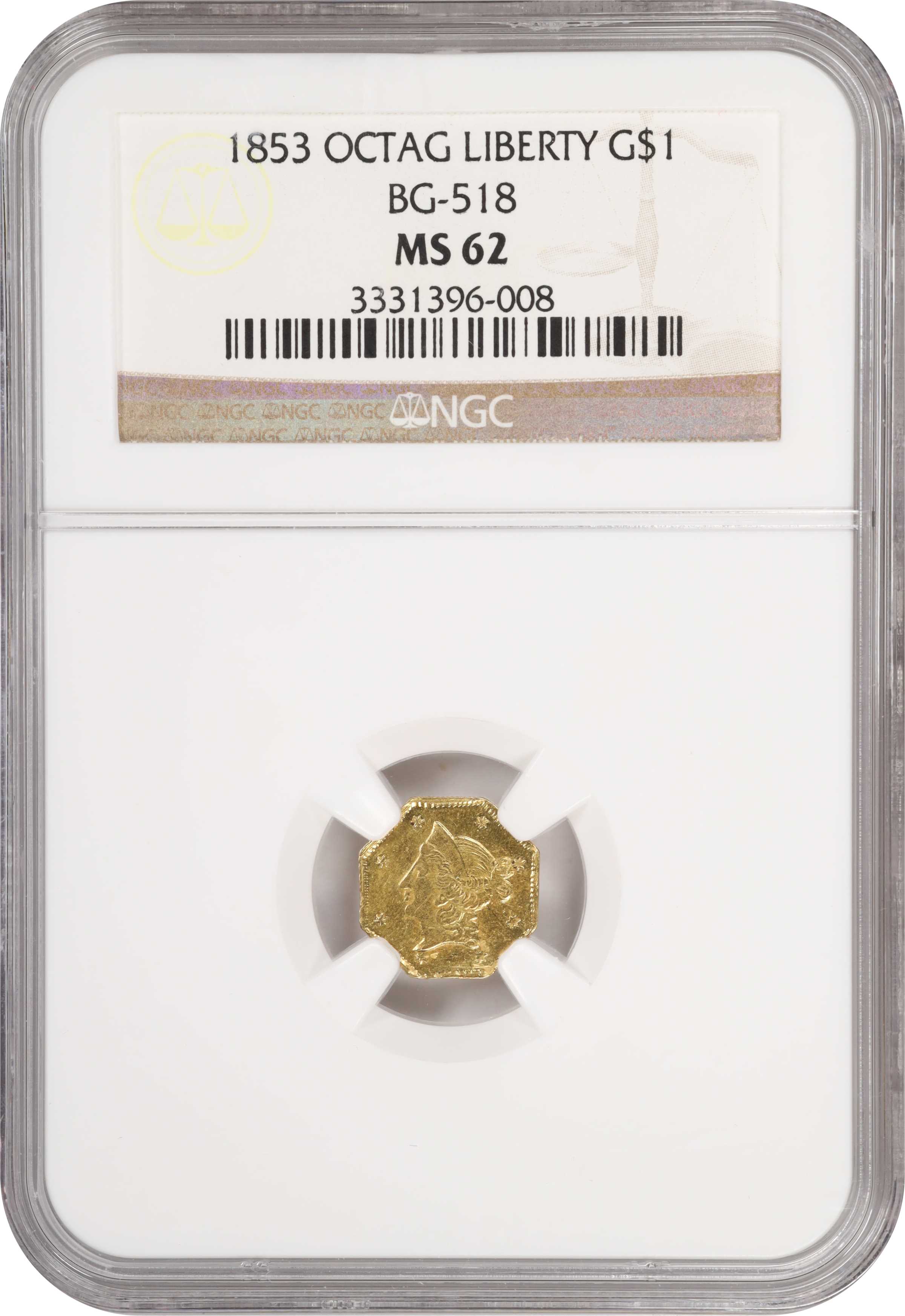image for: 1853-DERI Octagonal $1. BG-518. Rarity-5. Liberty Head. MS-62 (NGC).