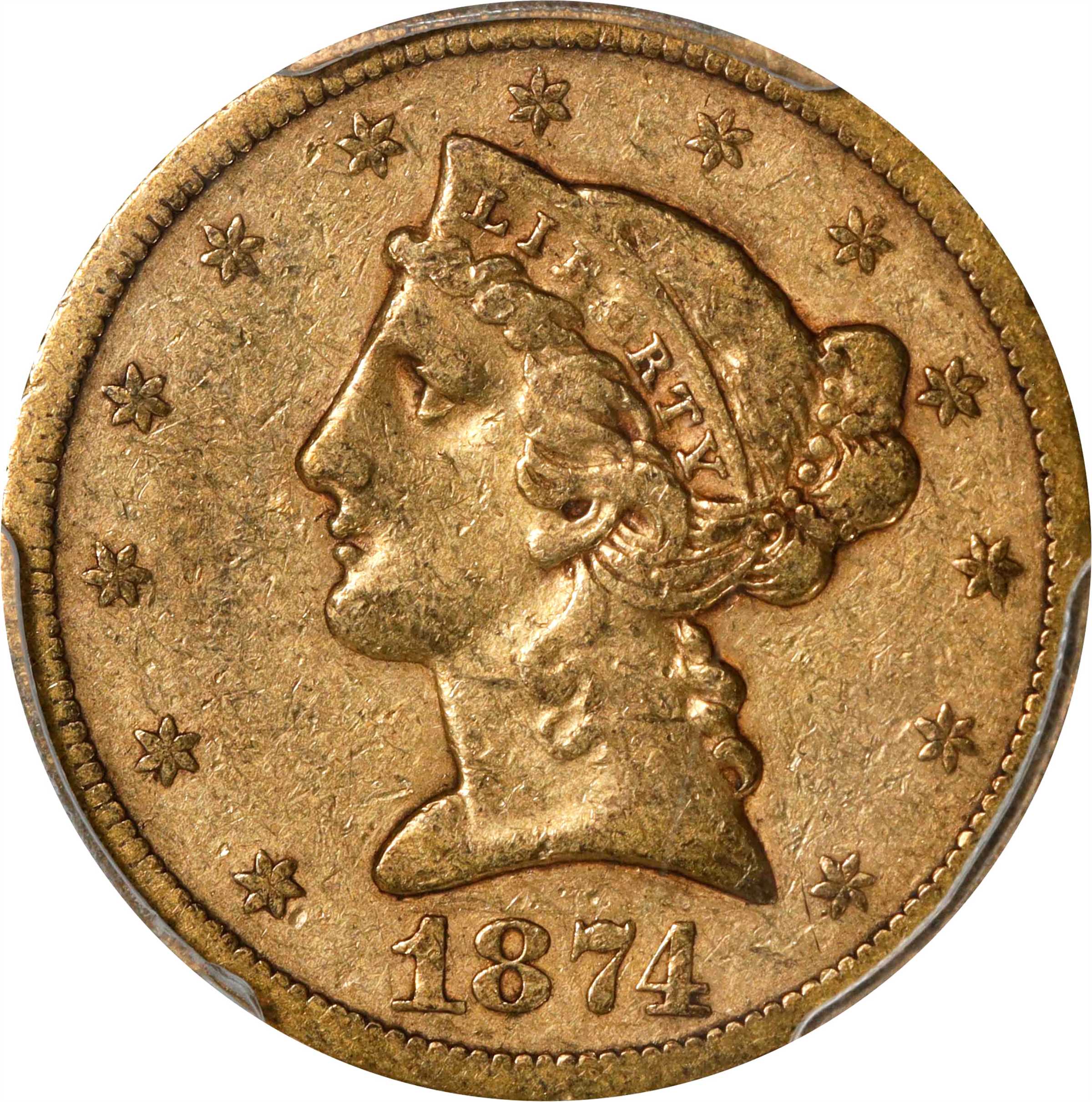 image for: 1874-S Liberty Head Half Eagle. Weak S. VF-30 (PCGS).