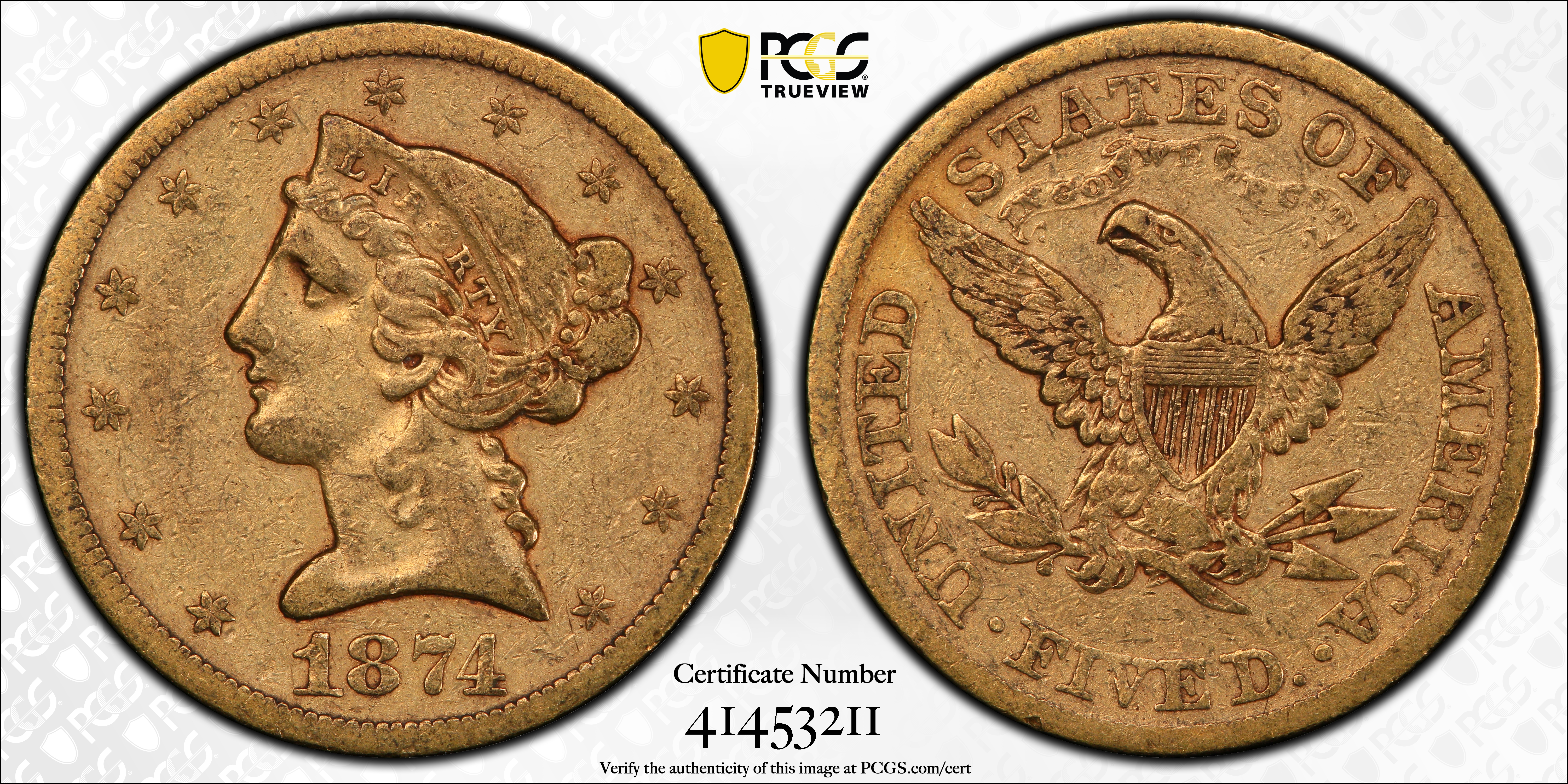image for: 1874-S Liberty Head Half Eagle. Weak S. VF-30 (PCGS).