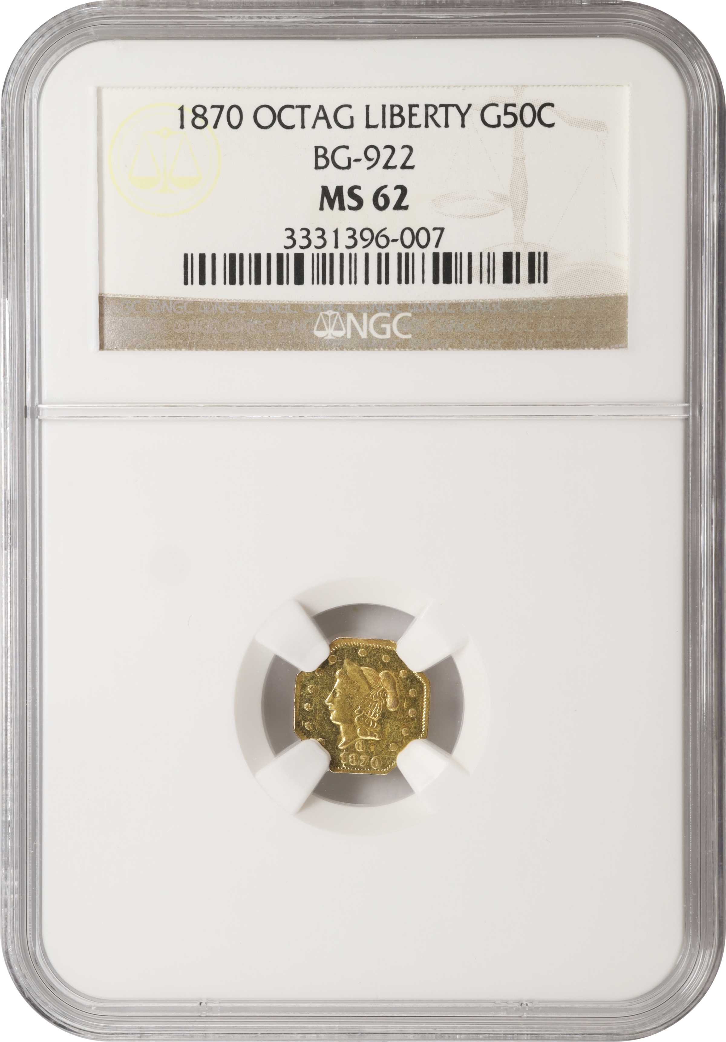 image for: 1870-G Octagonal 50 Cents. BG-922. Rarity-3. Liberty Head. MS-62 (NGC).