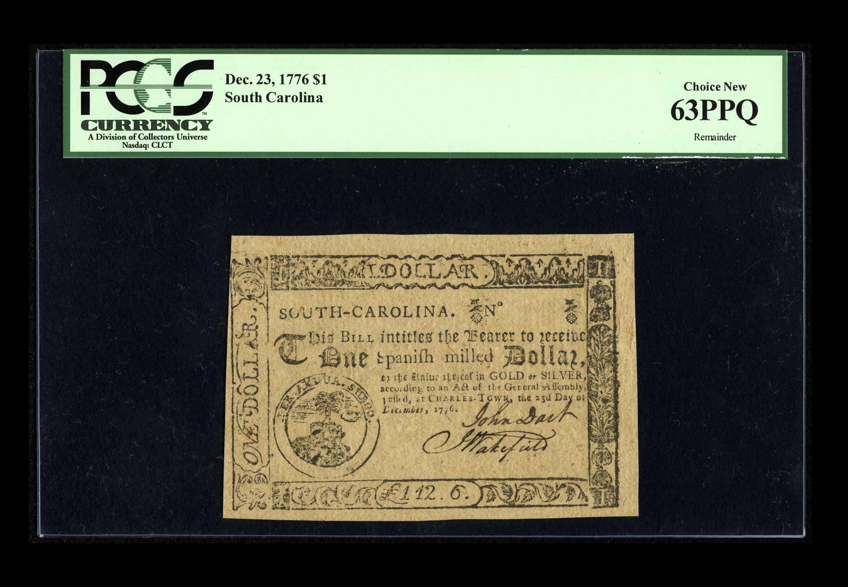 image for: South Carolina December 23, 1776  $1 PCGS Choice New 63PPQ....