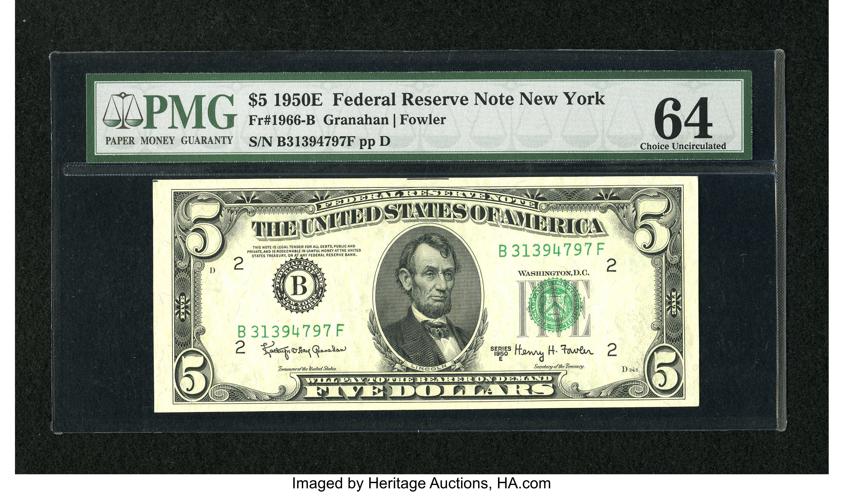 image for: Fr. 1966-B $5 1950E Federal Reserve Note. PMG Choice Uncirculated 64....