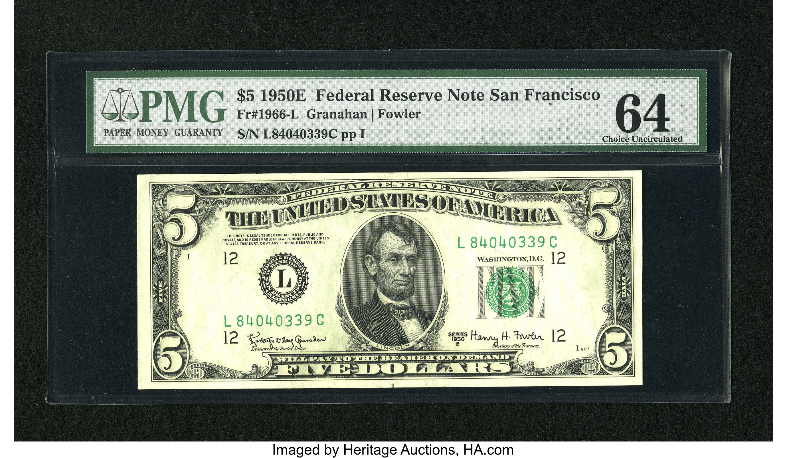 image for: Fr. 1966-L $5 1950E Federal Reserve Note. PMG Choice Uncirculated 64....
