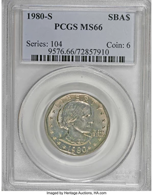 image for: 1980-S SBA$ MS66 PCGS. PCGS Population (312/73). NGC Census: (389/24). Mintage: 20,422,000. Nu...