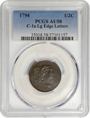 image for: 1794 Liberty Cap Half Cent. C-1a. Rarity-3. Normal Head. Large Edge Letters. AU-58 (PCGS).