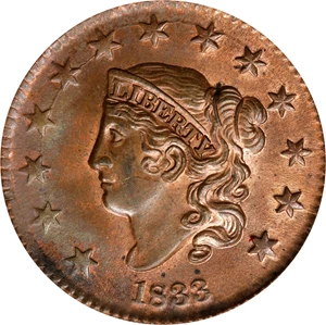 image for: 1833 Matron Head Cent. N-5. Rarity-1. MS-64 RB (PCGS). OGH.