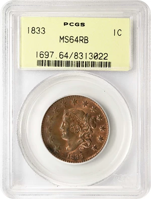 image for: 1833 Matron Head Cent. N-5. Rarity-1. MS-64 RB (PCGS). OGH.
