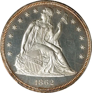 image for: 1862 Liberty Seated Silver Dollar. Proof-62 Cameo (PCGS).