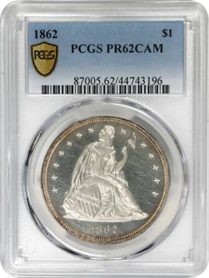 image for: 1862 Liberty Seated Silver Dollar. Proof-62 Cameo (PCGS).