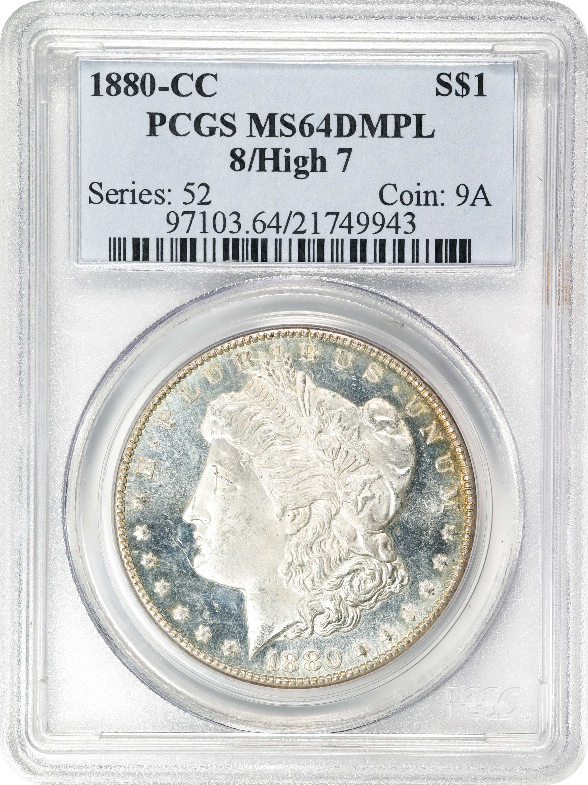 image for: 1880-CC Morgan Silver Dollar. VAM-5. Top 100 Variety. 8/High 7. MS-64 DMPL (PCGS).