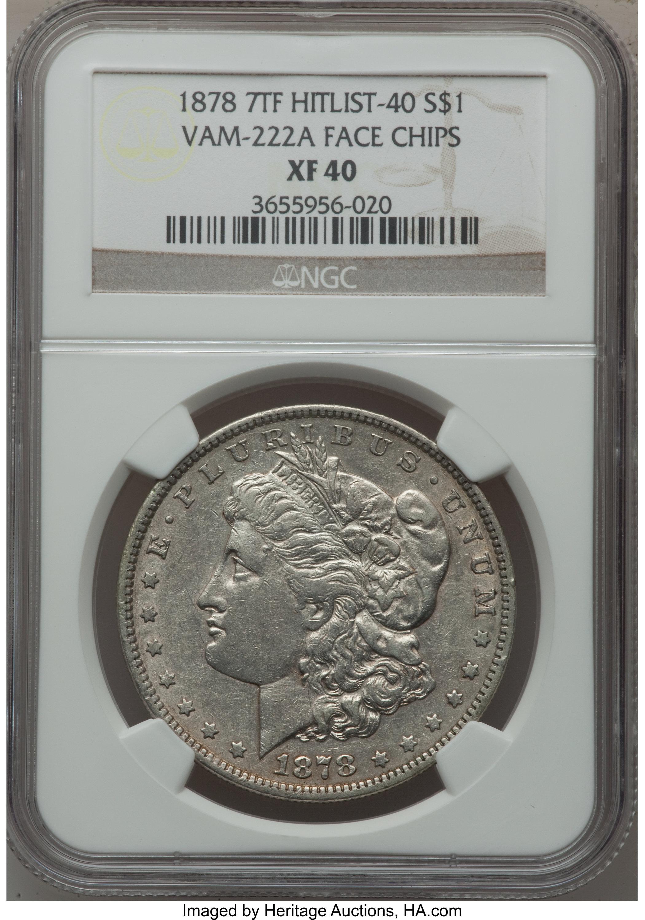 image for: 1878 7TF $1 Reverse of 1878, Vam-222A, Face Chips XF40 NGC. Hitlist 40.From The Parcfeld Collection....