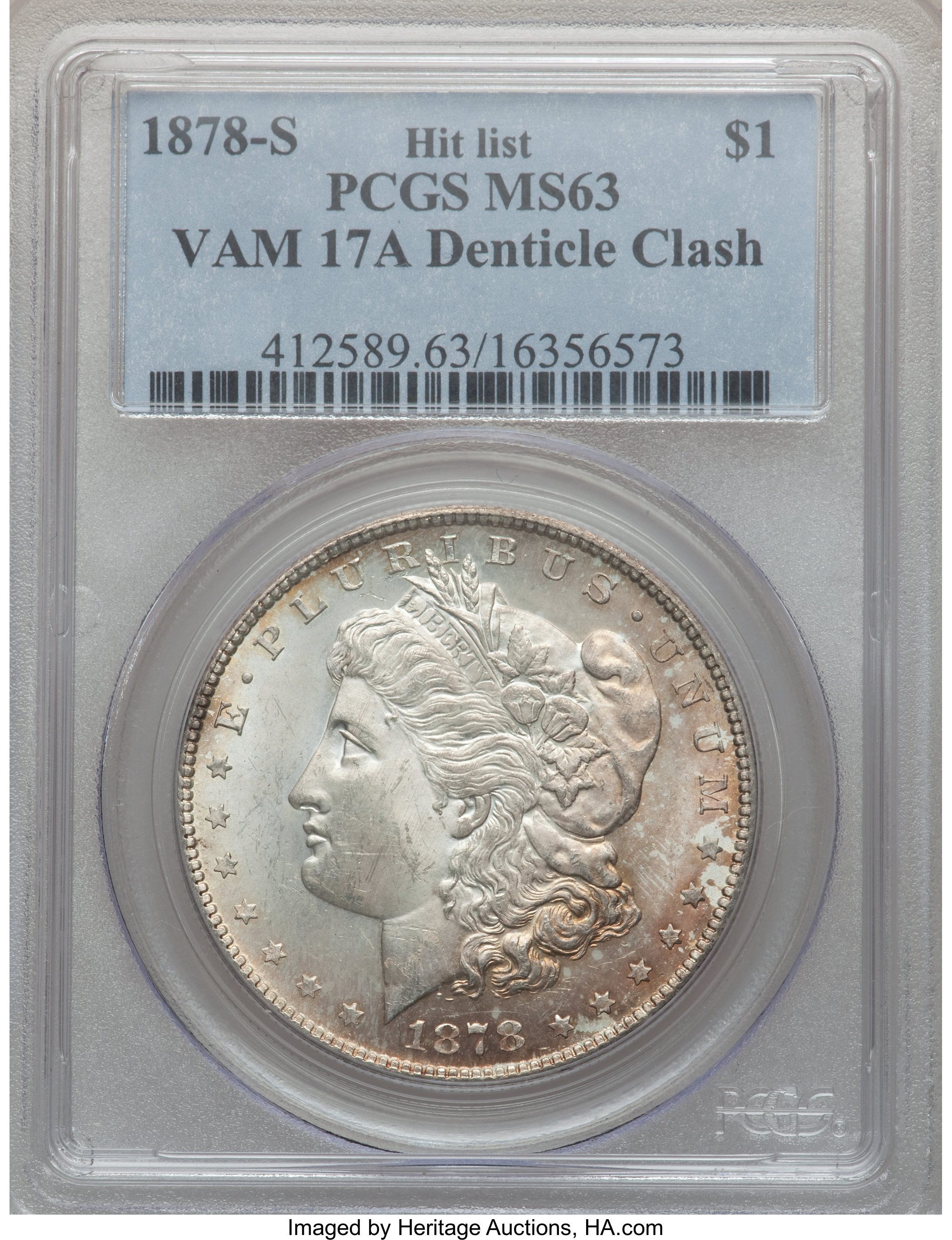 image for: 1878-S $1 Vam-17A, Denticle Clash MS63 PCGS. Hitlist. PCGS Population (16/18). NGC Census: (0/0).From The Parcfeld Coll...
