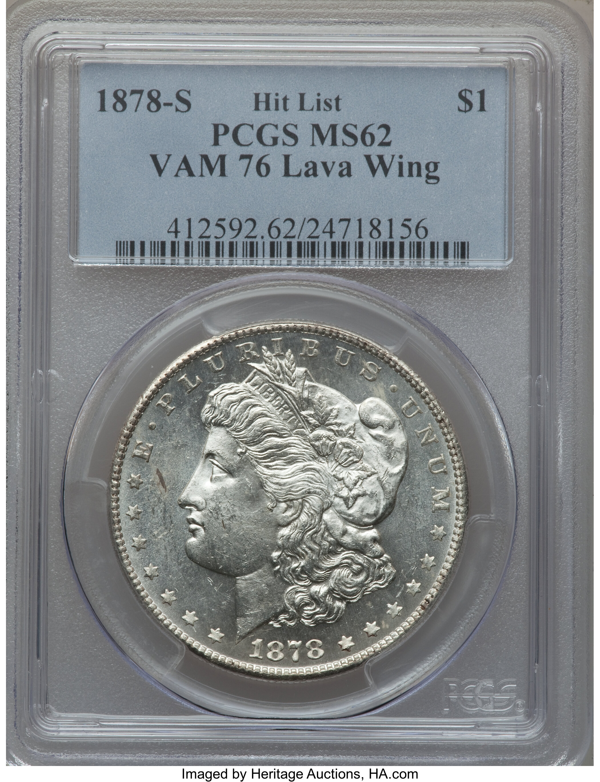 image for: 1878-S $1 Vam-76, Lava Wing MS62 PCGS. Hitlist. PCGS Population (0/0). NGC Census: (0/0).From The Parcfeld Collection....