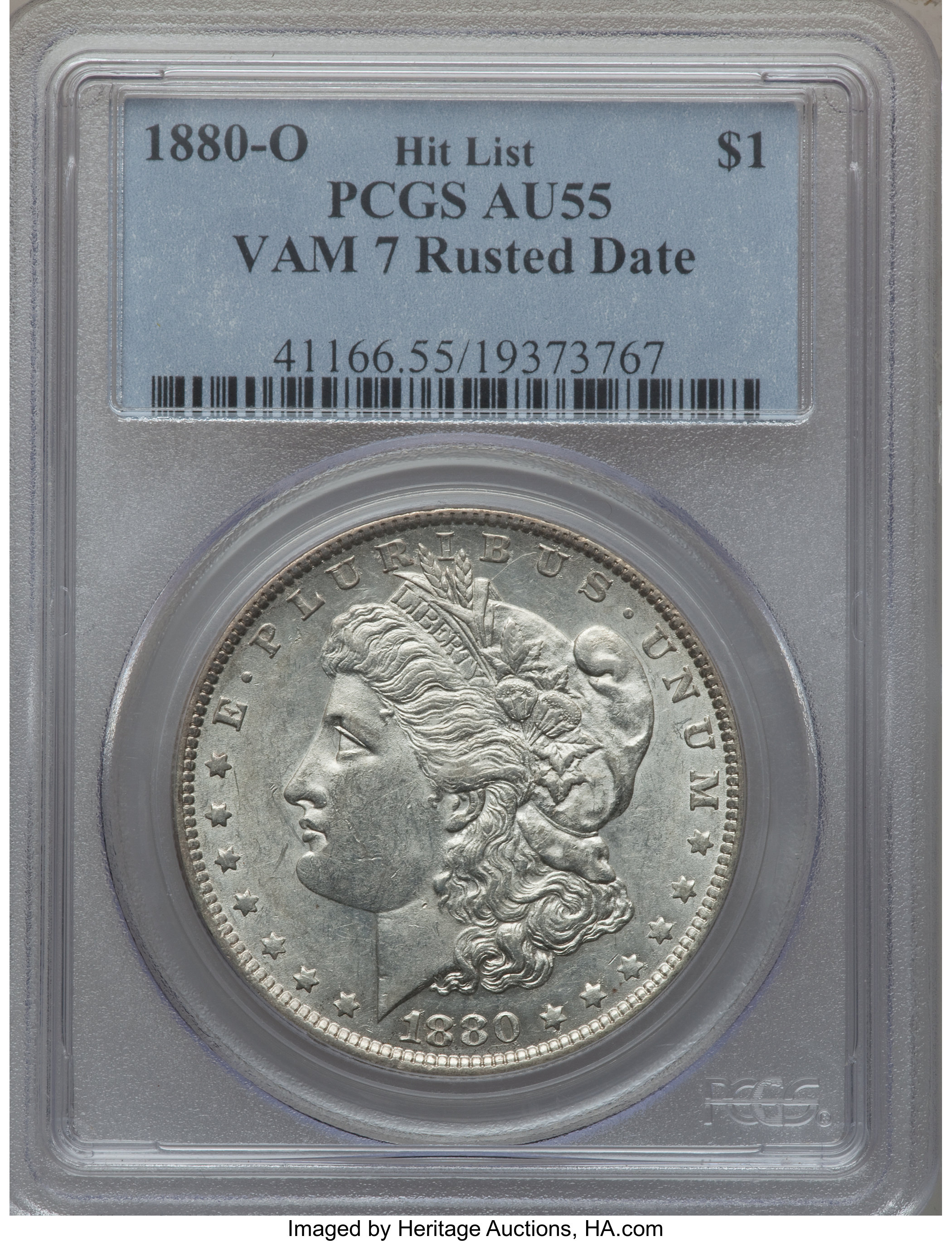 image for: 1880-O $1 Vam-7, Rusted Date AU55 PCGS. Hitlist. PCGS Population (3/36). NGC Census: (0/0).From The Parcfeld Collection...