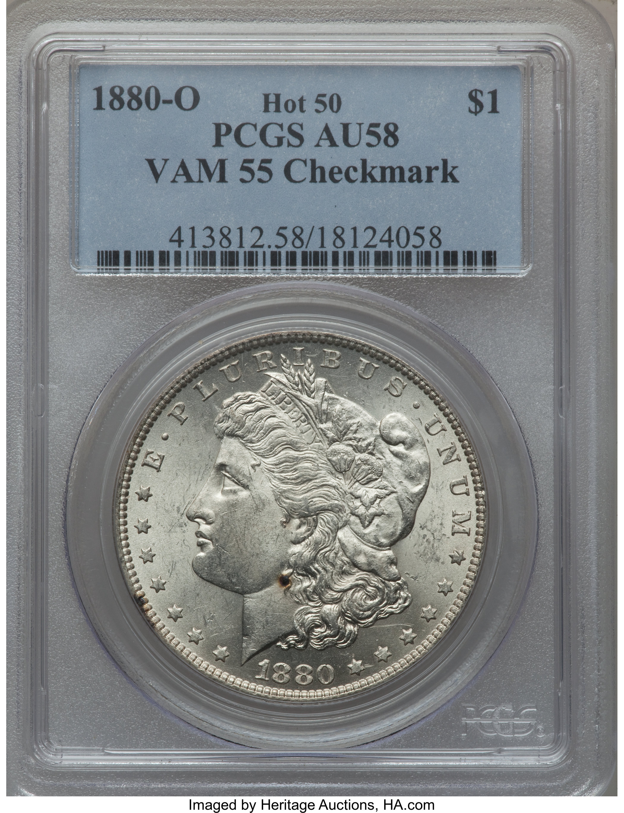 image for: 1880-O $1 Vam-55, Checkmark AU58 PCGS. Hot-50. PCGS Population (0/0). NGC Census: (0/0).From The Parcfeld Collection....