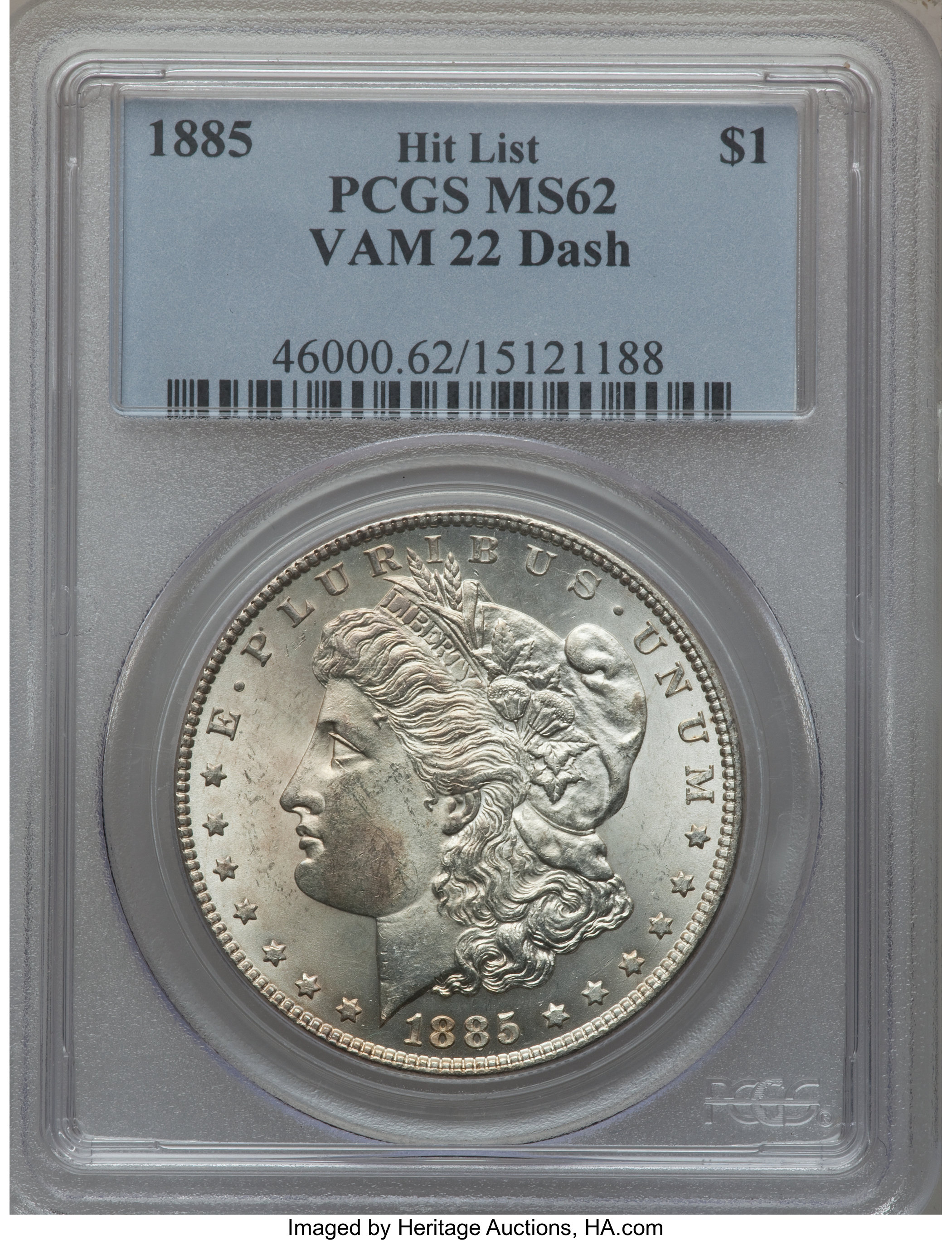 image for: 1885 $1 Vam-22, Dash MS62 PCGS. Hitlist. PCGS Population (37/36). NGC Census: (0/0).From The Parcfeld Collection....